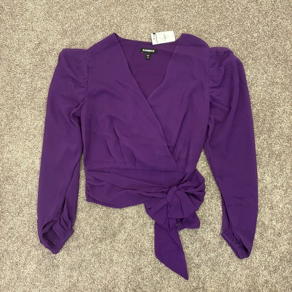 Express Women's Tie Waist Top Size XS Purple V-Neck Faux Wrap Lined NWT $54 - Picture 6 of 16